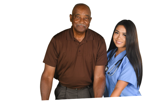 nurse and elderly man smiling